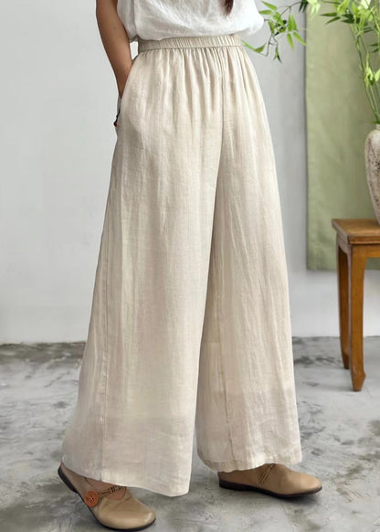 Simple Purple Pockets Elastic Waist Linen Wide Leg Pants Summer Jh035
