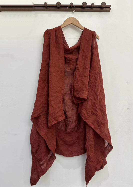 Simple Red Asymmetrical Linen Cardigan Sleeveless Mn074
