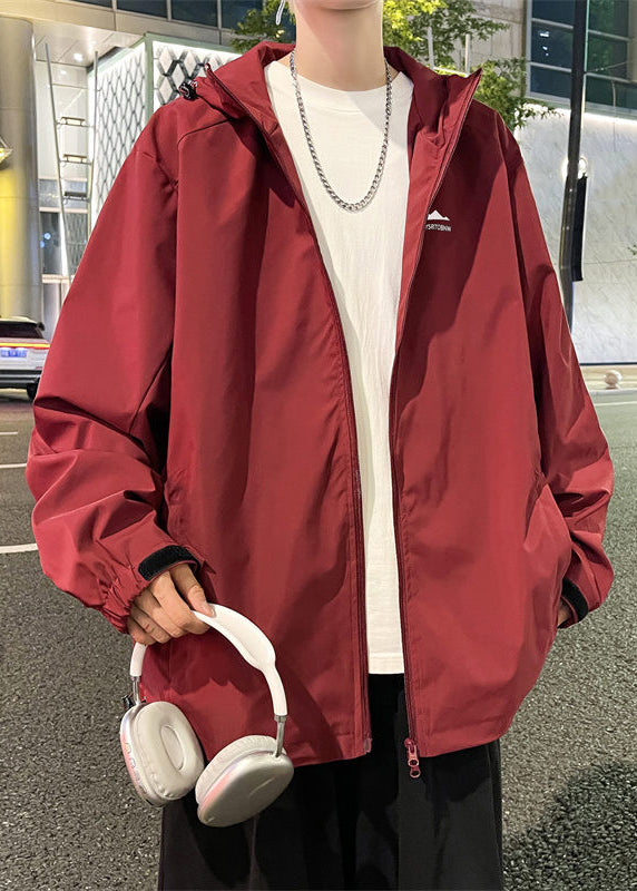 Coats Simple Red Zippered Hooded Cotton Spring