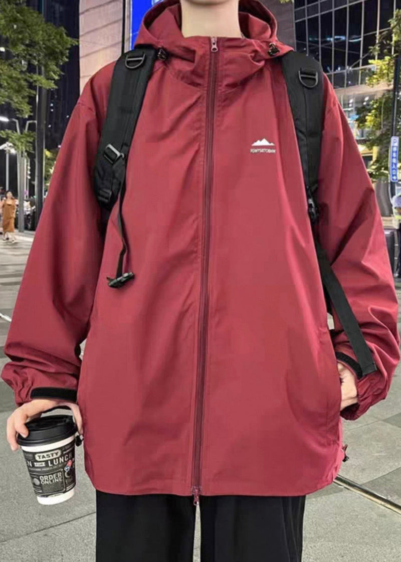 Coats Simple Red Zippered Hooded Cotton Spring