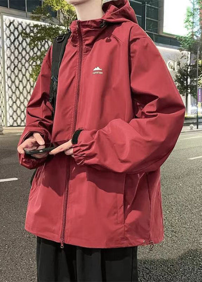 Coats Simple Red Zippered Hooded Cotton Spring