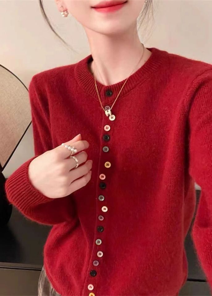 Simple Red O Neck Button Woolen Coats Spring Tf025