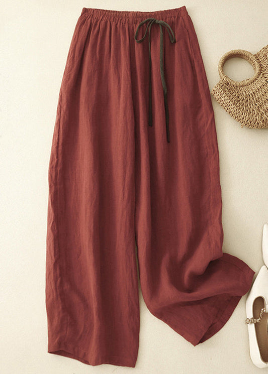 Simple Red Elastic Waist Cotton Crop Pants Summer Gg022