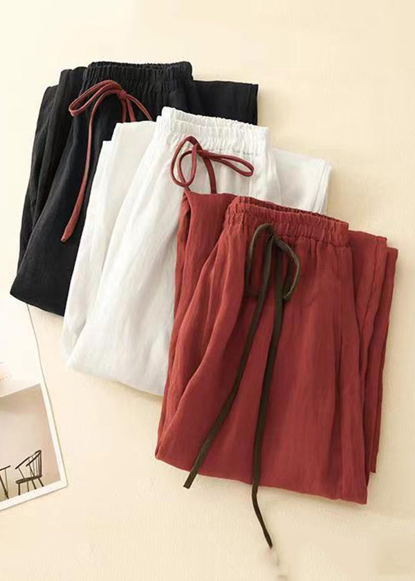 Simple Red Elastic Waist Cotton Crop Pants Summer Gg022