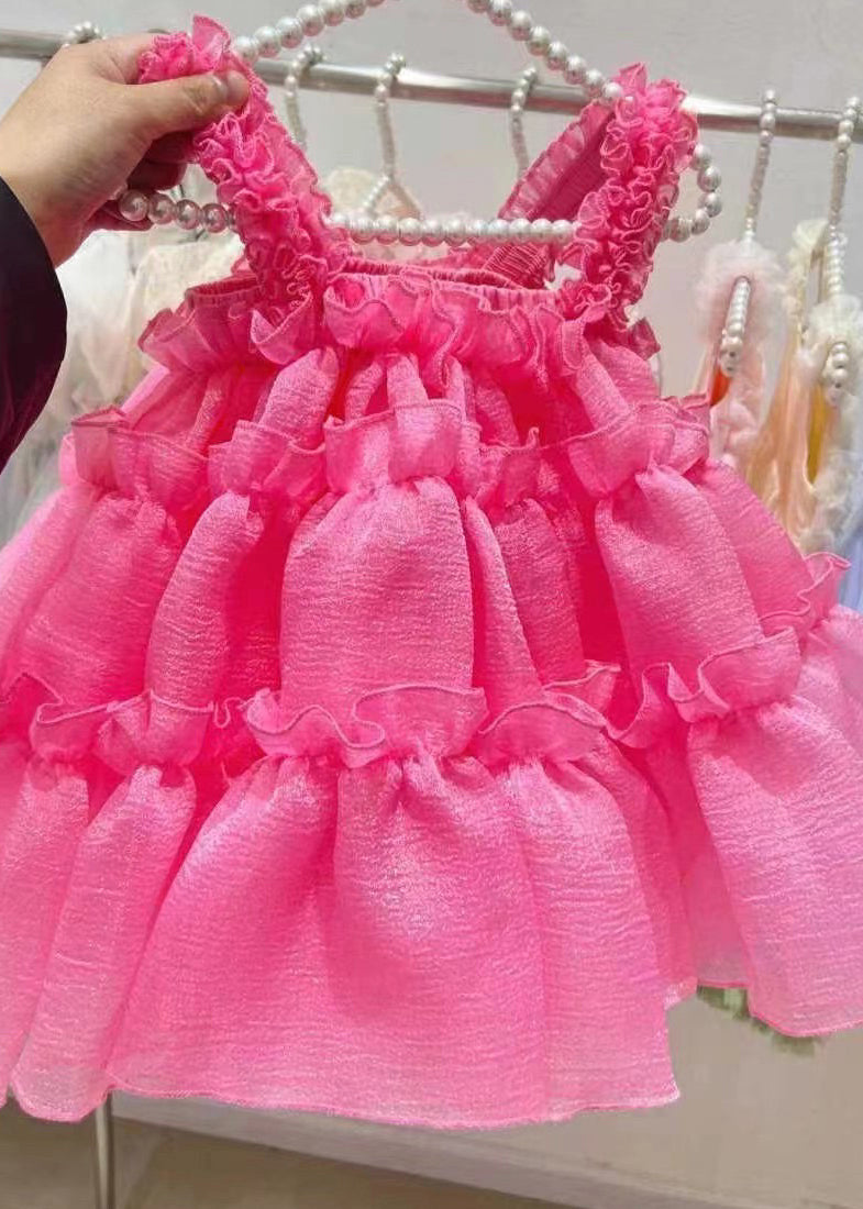 Simple Red Square Collar Chiffon Kids Dress and Shorts Two Pieces Set Summer Ew027