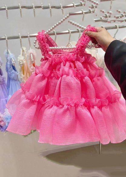 Simple Red Square Collar Chiffon Kids Dress and Shorts Two Pieces Set Summer Ew027