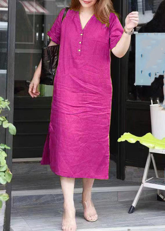 Simple Red V Neck Patchwork Side Open Long Dresses Summer Vb1027