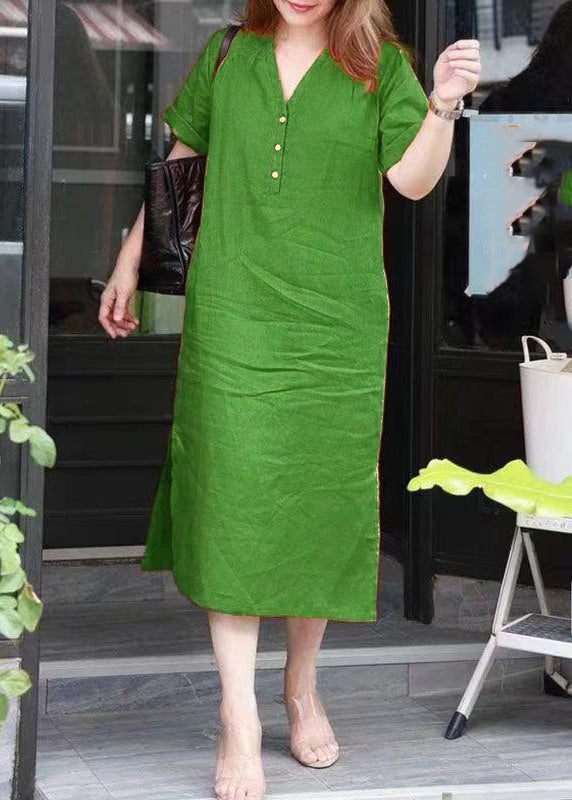 Simple Red V Neck Patchwork Side Open Long Dresses Summer Vb1027