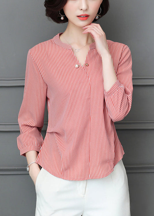 Simple Red V Neck Wrinkled Striped Chiffon Blouse Top Bracelet Sleeve Ly0457