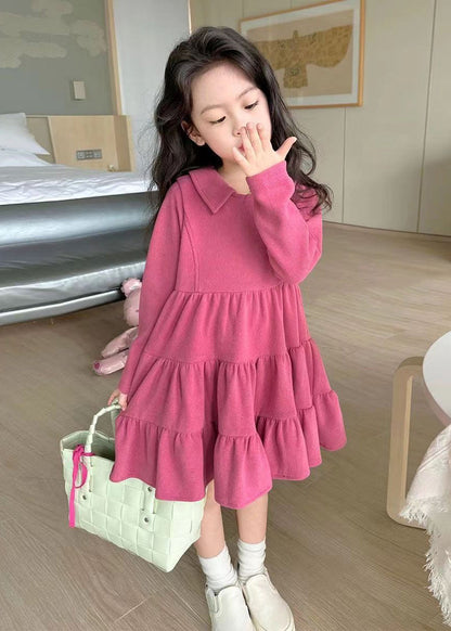 Simple Rose Patchwork Wrinkled Kids Long Dresses Fall Ss1041