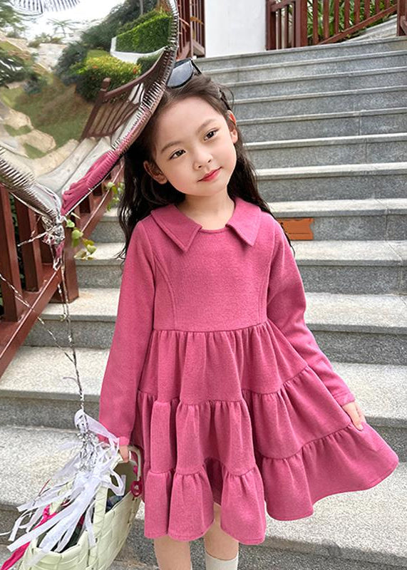 Simple Rose Patchwork Wrinkled Kids Long Dresses Fall Ss1041
