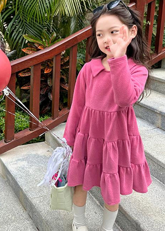 Simple Rose Patchwork Wrinkled Kids Long Dresses Fall Ss1041