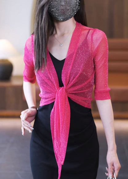 Simple Rose V Neck Lace Up Tulle Cardigans Half Sleeve As1088