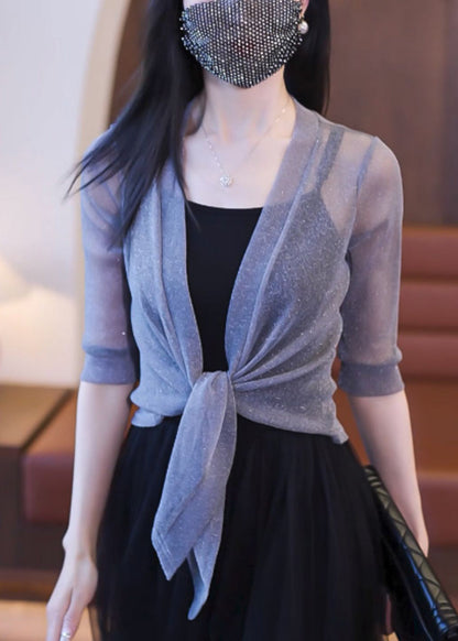 Simple Rose V Neck Lace Up Tulle Cardigans Half Sleeve As1088