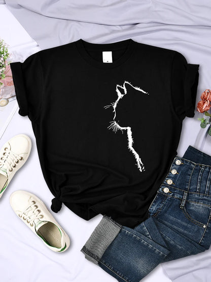 Simple Strokes of Cat Funny Printed T-shirt Short Sleeve O-neck Personality Street Tee Clothing Summer Tops