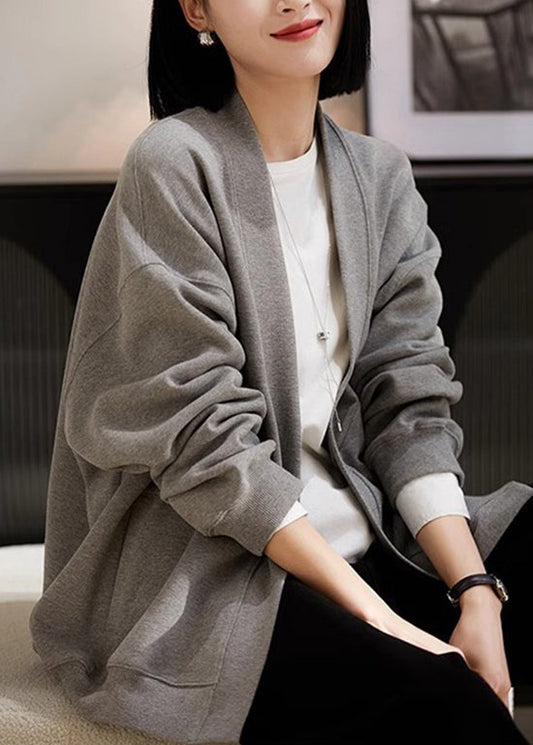 Simple Style Grey V Neck Pockets Cotton Cardigans Spring Tj031
