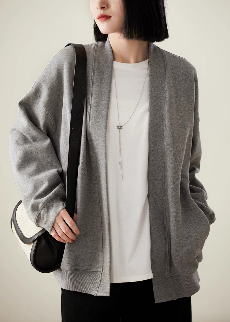 Simple Style Grey V Neck Pockets Cotton Cardigans Spring Tj031