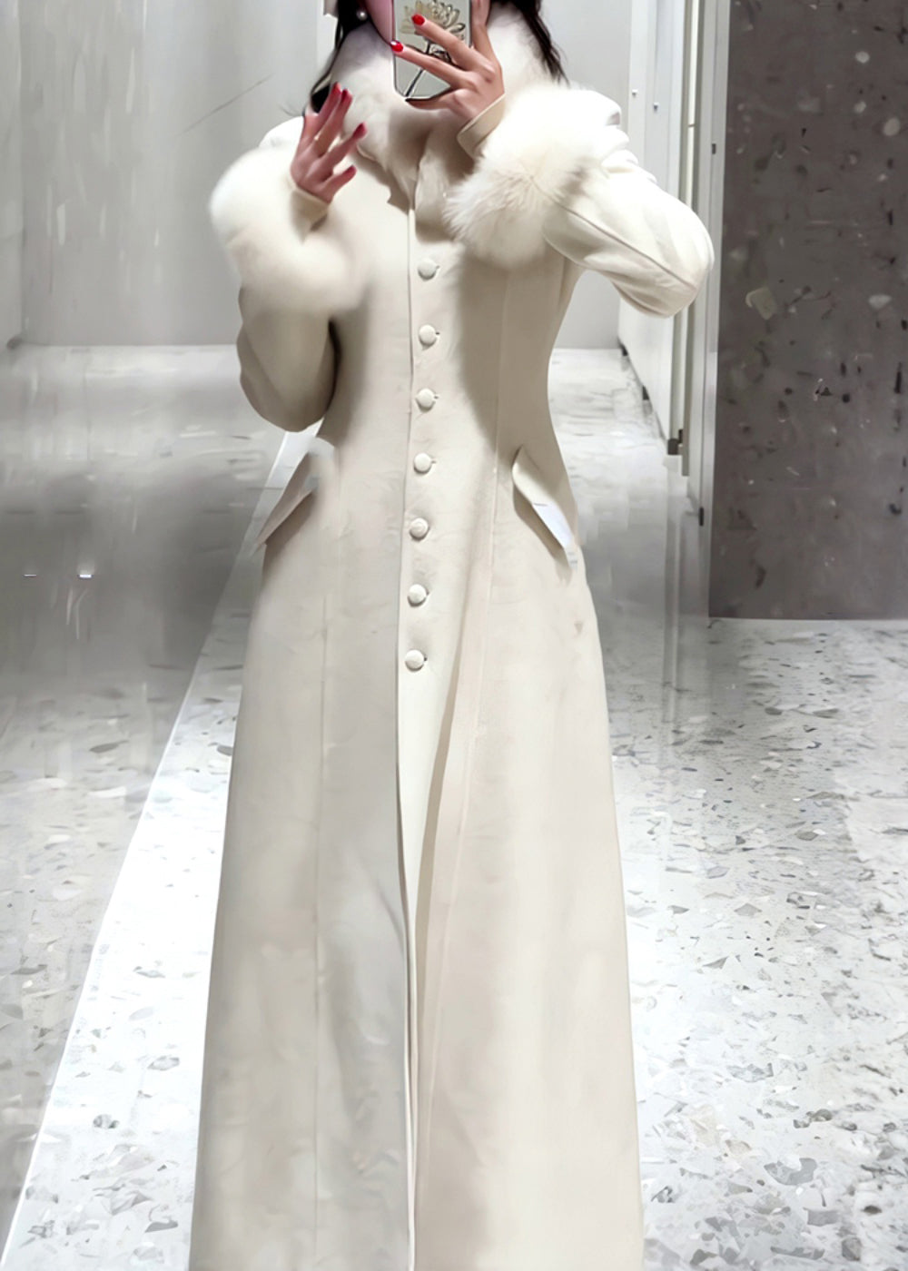 Simple White Button Fur Patchwork Woolen Coat Spring Ty001