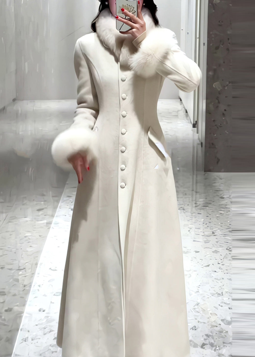 Simple White Button Fur Patchwork Woolen Coat Spring Ty001
