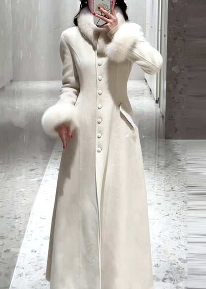 Simple White Button Fur Patchwork Woolen Coat Spring Ty001