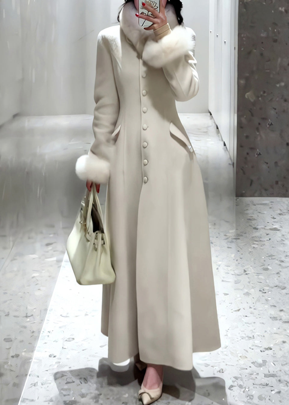 Simple White Button Fur Patchwork Woolen Coat Spring Ty001