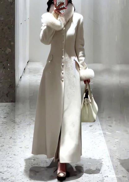 Simple White Button Fur Patchwork Woolen Coat Spring Ty001