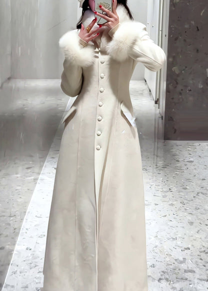 Simple White Button Fur Patchwork Woolen Coat Spring Ty001