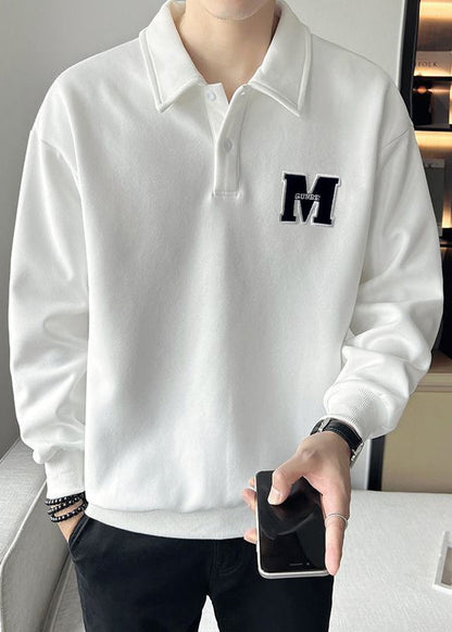 Tc022 Sweatshirt Warm Spring Button Simple White Embroideried Fleece