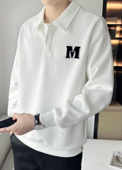 Tc022 Sweatshirt Warm Spring Button Simple White Embroideried Fleece