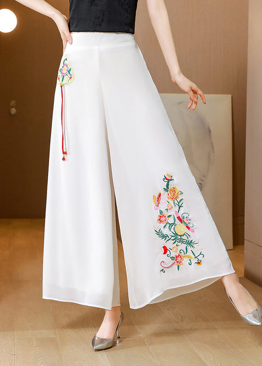 Simple White Embroideried Tassel Chiffon Straight Pants Summer Ly0456