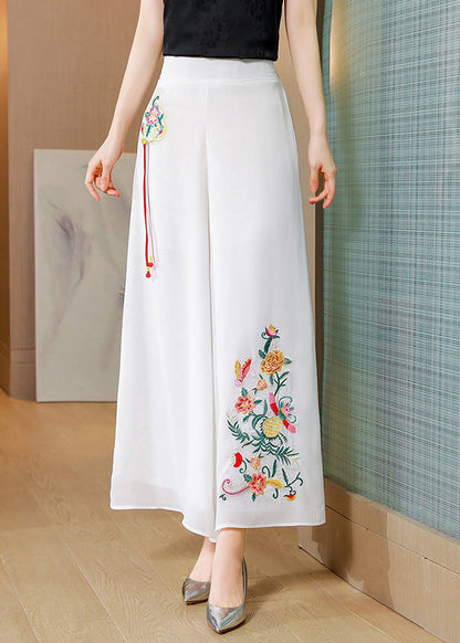 Simple White Embroideried Tassel Chiffon Straight Pants Summer Ly0456