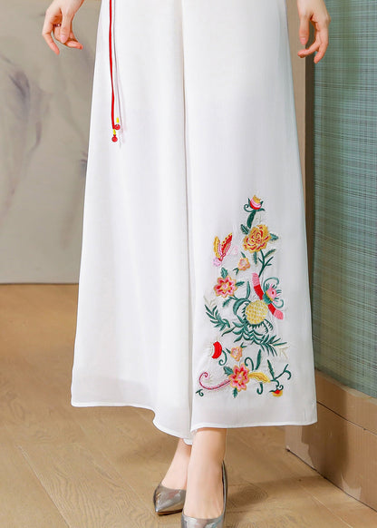 Simple White Embroideried Tassel Chiffon Straight Pants Summer Ly0456