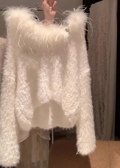 Simple White Fur Collar Cozy Knit Sweater Spring Yz070