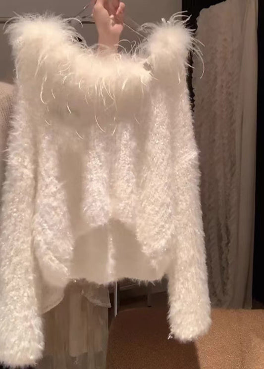 Simple White Fur Collar Cozy Knit Sweater Spring Yz070