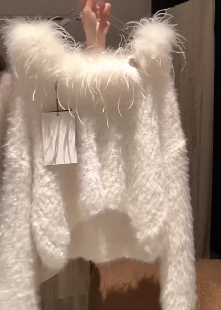 Simple White Fur Collar Cozy Knit Sweater Spring Yz070