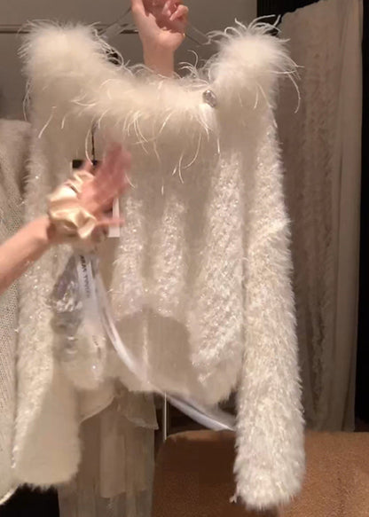 Simple White Fur Collar Cozy Knit Sweater Spring Yz070