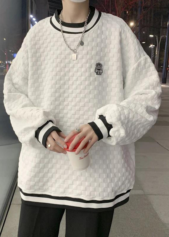 Simple White O Neck Patchwork Cotton Sweatshirts Top Fall Eq040