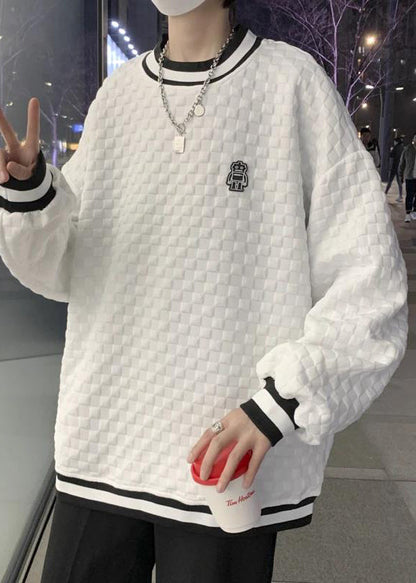 Simple White O Neck Patchwork Cotton Sweatshirts Top Fall Eq040