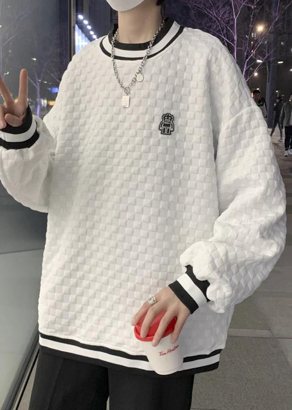 Simple White O Neck Patchwork Cotton Sweatshirts Top Fall Eq040