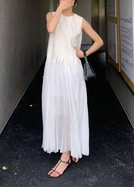 Simple White O Neck Wrinkled Silk Long Dress Sleeveless Zl064