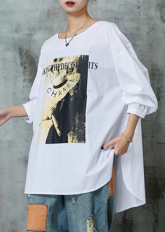 Simple White Oversized Print Cotton Blouses Spring Jk1036