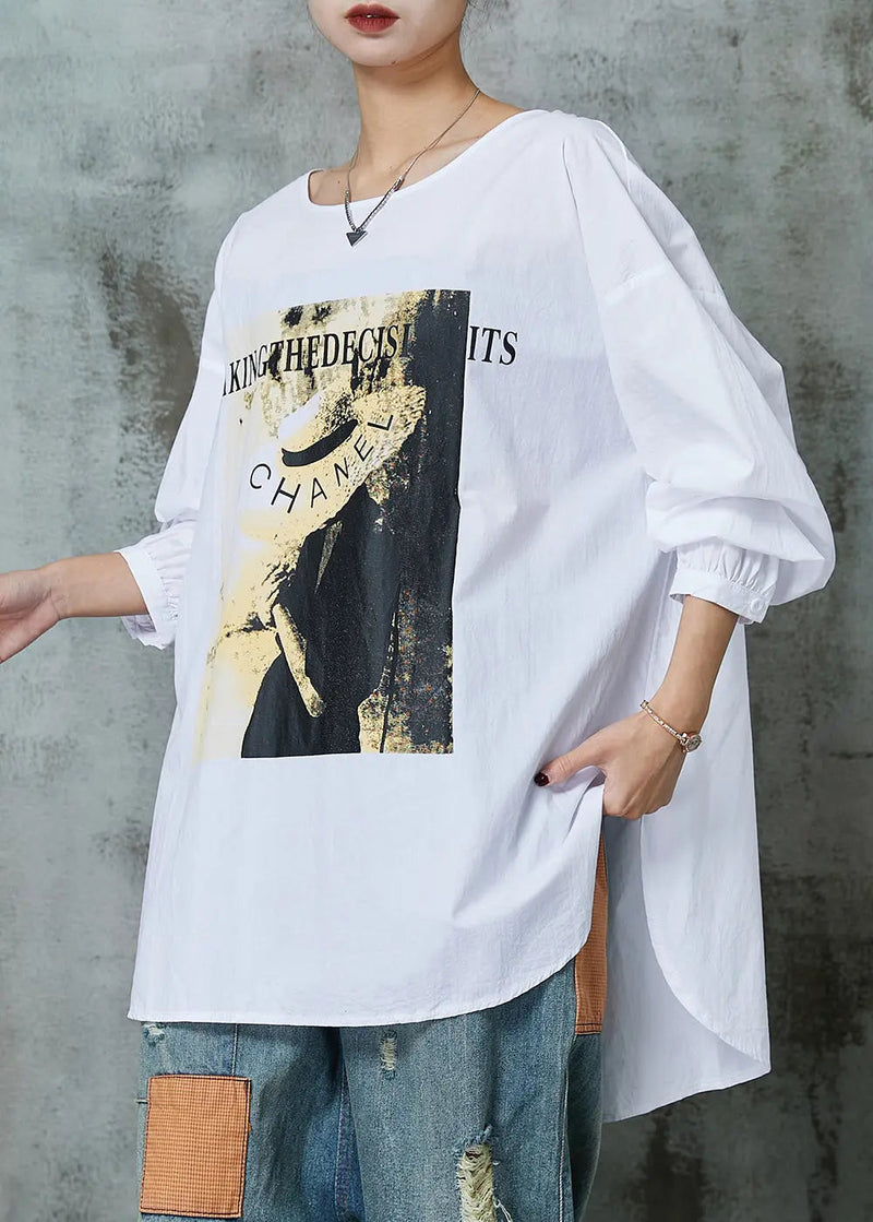 Simple White Oversized Print Cotton Blouses Spring Jk1036
