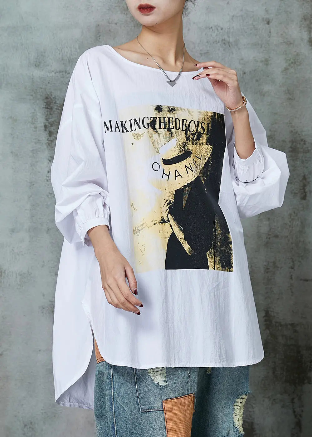 Simple White Oversized Print Cotton Blouses Spring Jk1036