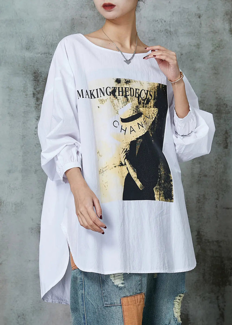 Simple White Oversized Print Cotton Blouses Spring Jk1036