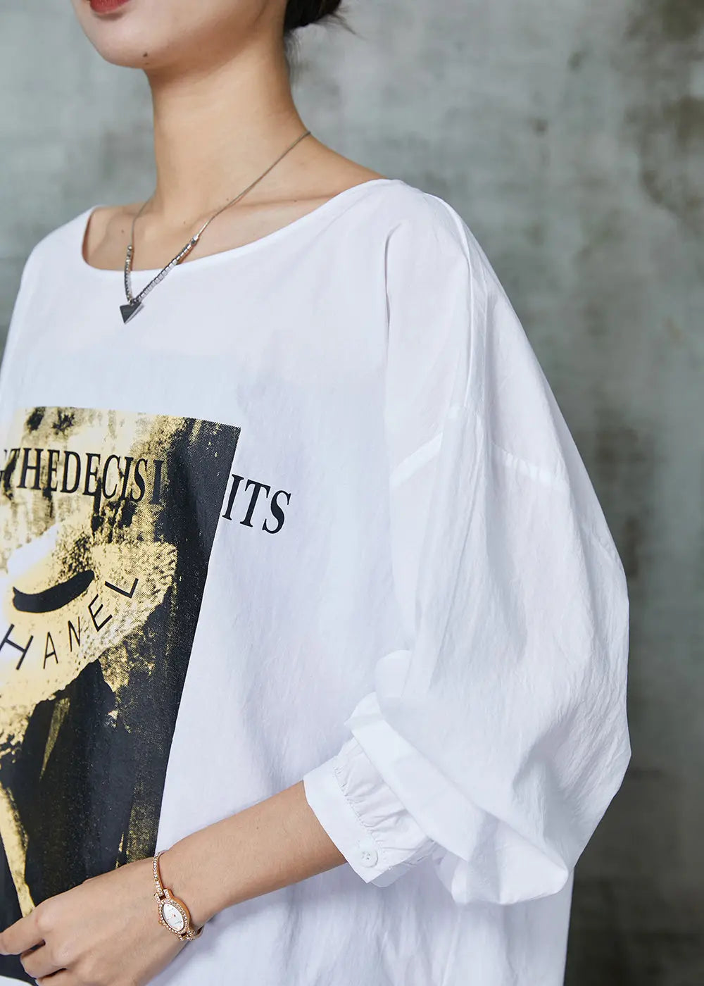 Simple White Oversized Print Cotton Blouses Spring Jk1036