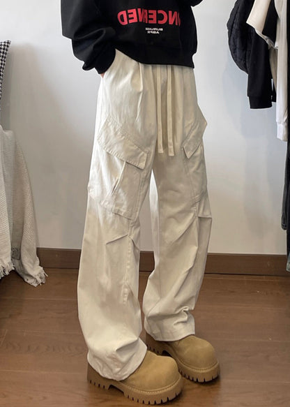 Waist Pants Elastic White Lace Pockets Up Cotton Simple