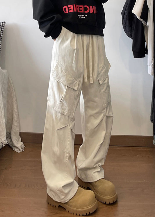 Waist Pants Elastic White Lace Pockets Up Cotton Simple