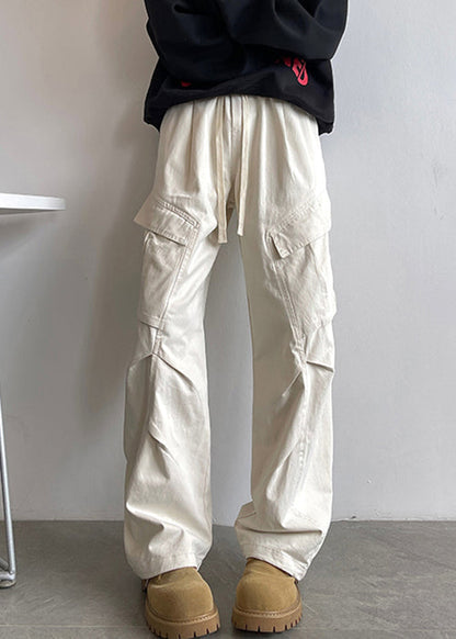 Waist Pants Elastic White Lace Pockets Up Cotton Simple