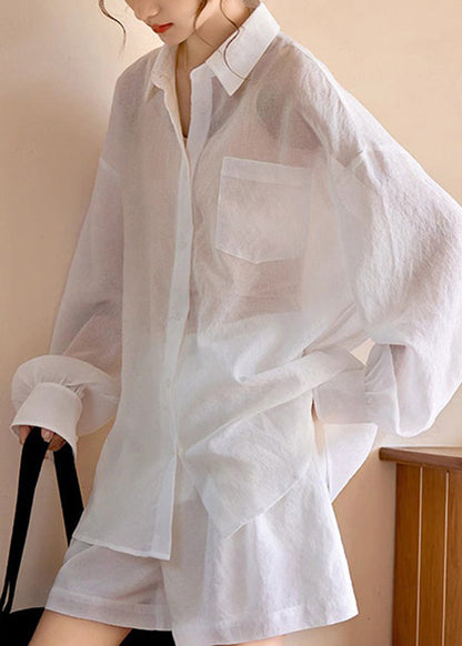 Simple White Pockets Shirts and Shorts Two Piece Suit Set Long Sleeve Ww038