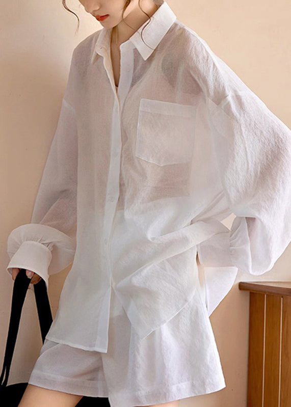 Simple White Pockets Shirts and Shorts Two Piece Suit Set Long Sleeve Ww038